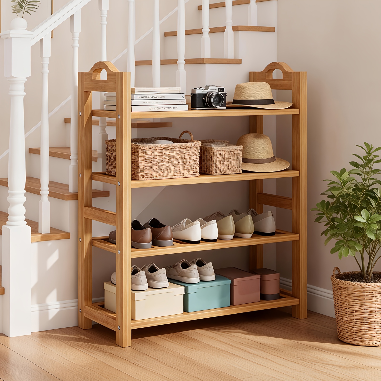 TEMU Étagère de rangement en bois à 4/6 niveaux avec espace pour bottes, support à chaussures réglable , , de bain, support à chaussures robuste,