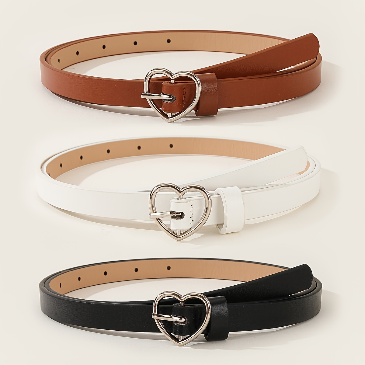 Image of 3pcs/set Silvery Heart Pu Belt Cute Casual Girls Waistband