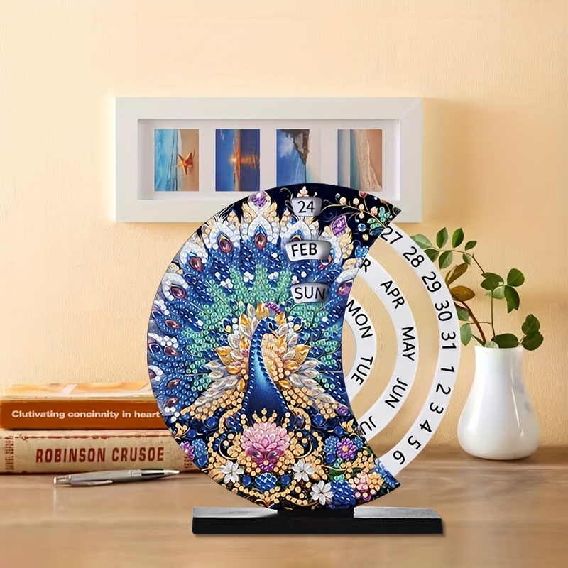 TEMU 1pc Diy Diamond Painting Kit - Unique Rotating Calendar, Peacock Animal Pattern, Handmade Desk Decoration, Creative Date Changer, Artistic