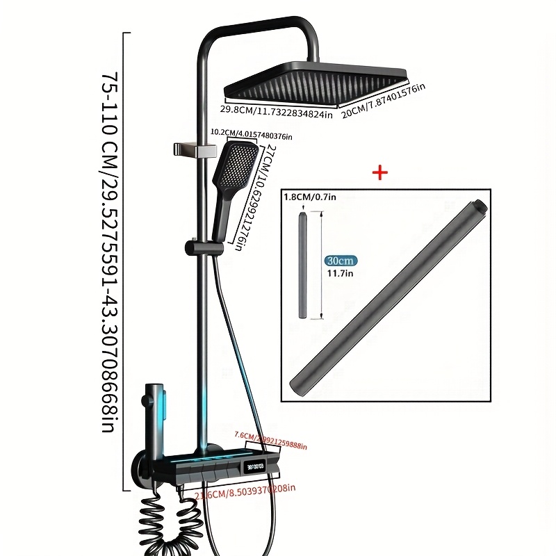 1 rinkinys Prabangus LED dušo komplektas Vonios kambariui Modernus pianino klavišų dušo sistema su 30.48cm lietaus dušo galvute ir rankiniu purkštuku, Sieniniai dušo įrenginiai, Pistoletinės pilkos spalvos dušo komplektai su skaitmeniniu temperatūros rodymu