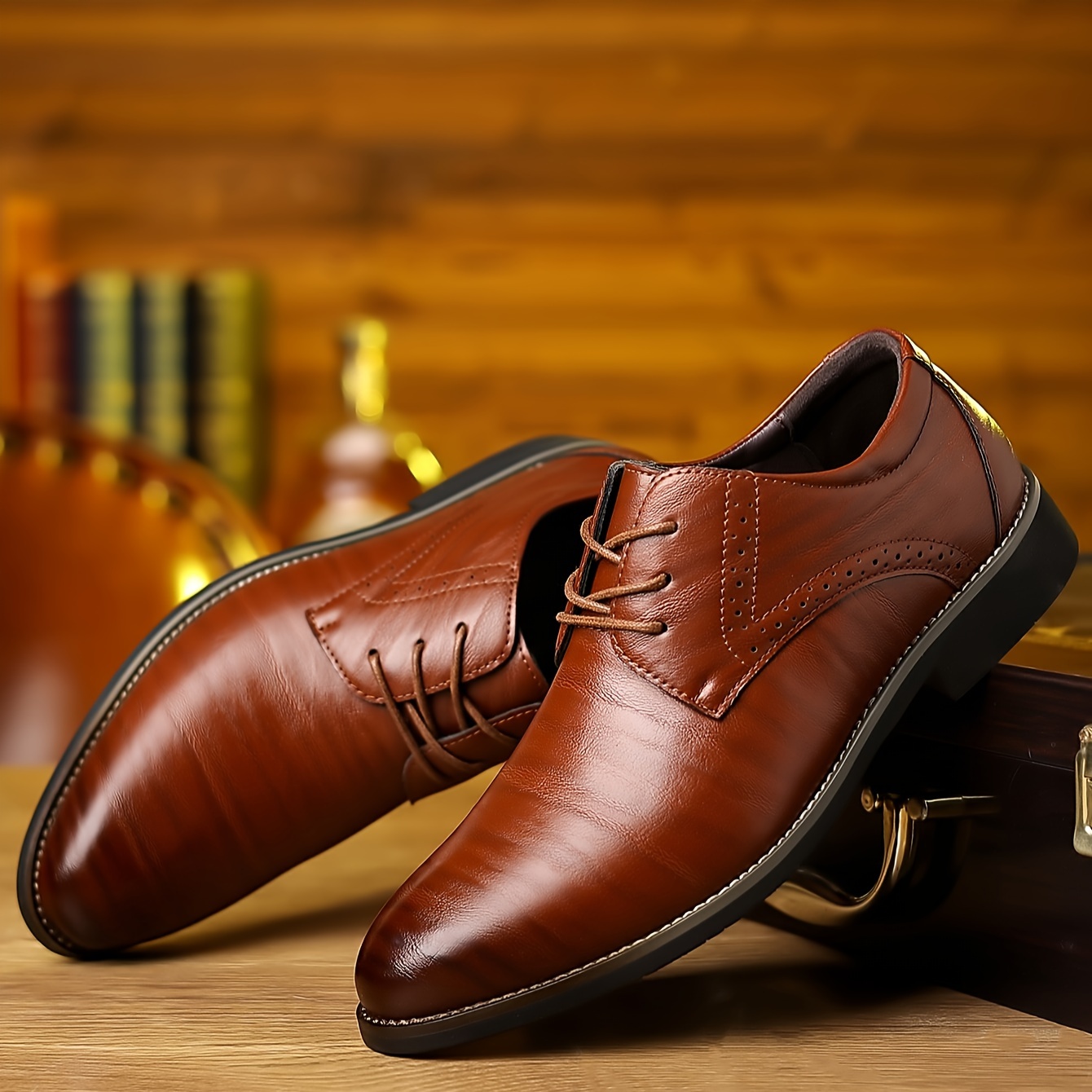 Men's Brown Dress Shoes - Lace-Up Wingtip Oxfords with Rubber Sole, Classic Perforated Design for Formal or Business Occasions