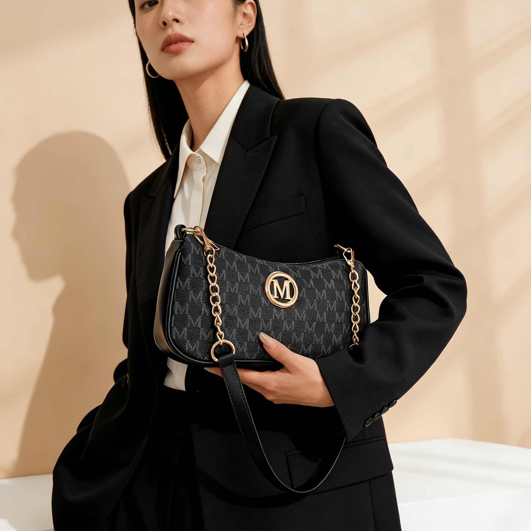 TEMU French Retro Underarm Bag Women's Print Crescent Bag Fashionable Chain Single Shoulder Handbag Elegant Ladies Shoulder Bag With Logo Zipper