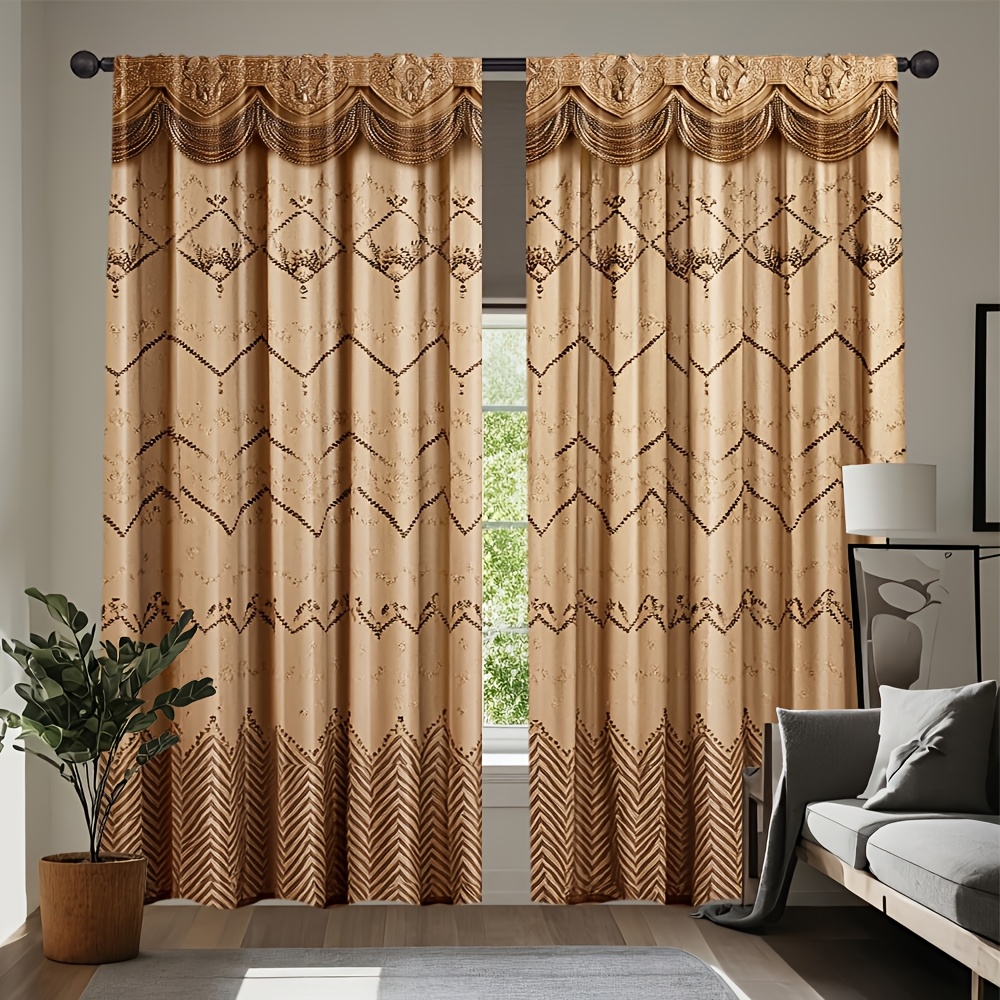 

2pcs Elegant Golden Hollow Jacquard Curtains - Machine Washable Polyester, Light-filtering Design For Kitchen, Living Room, Office, Bedroom Decor - Rod (rod Not Included)