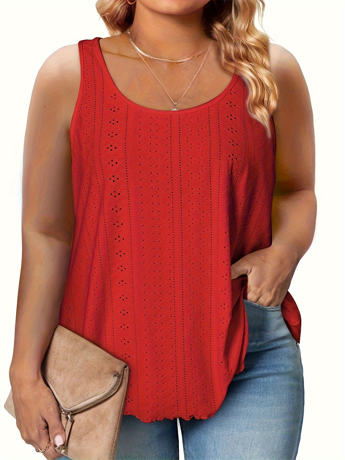 Plus Size Curved Hem Tank Top, Casual Crew Neck Sleeveless Tank Top For Summer, Women's Plus Size?Clothing