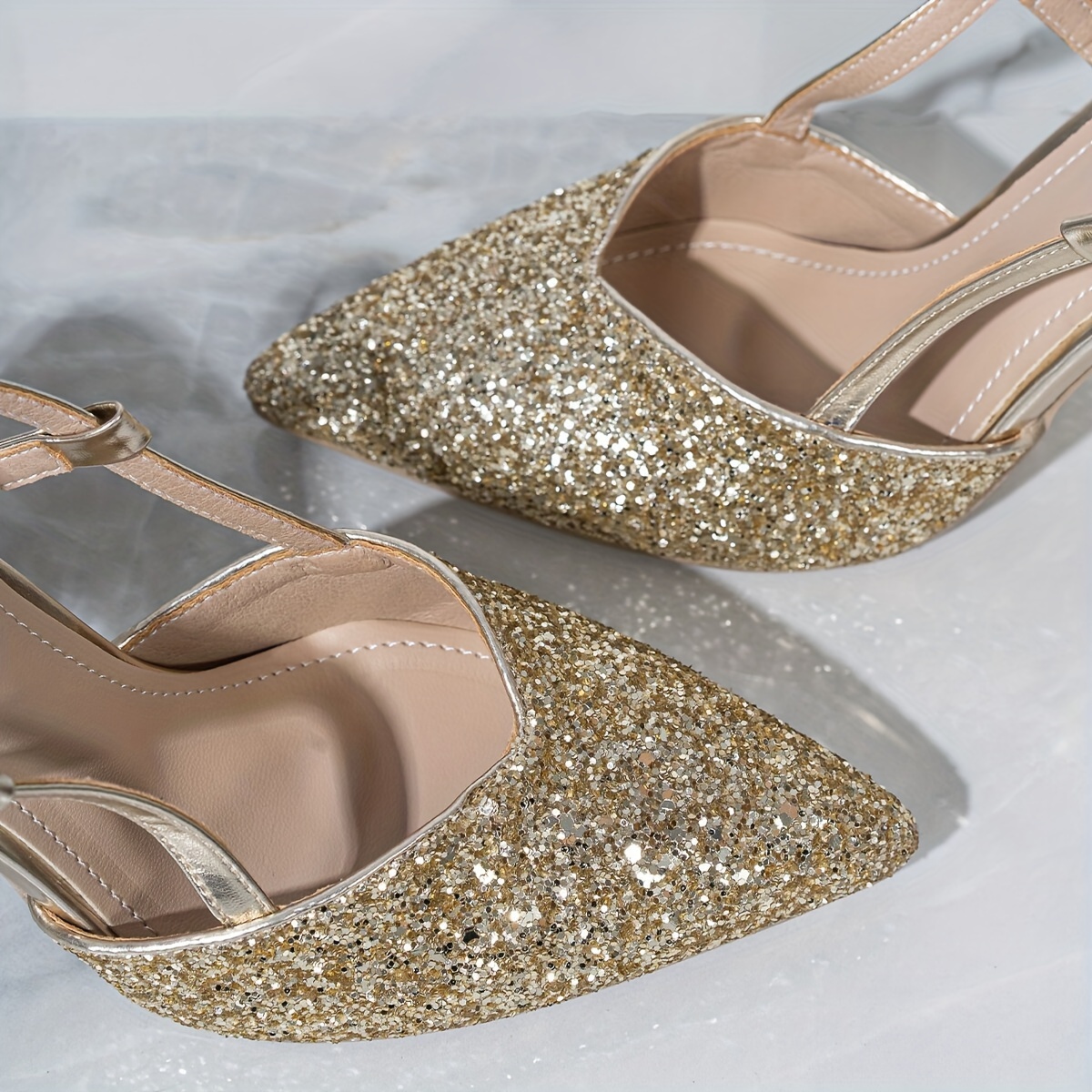 glitter pointed toe pumps women block heel ankle strap high Temu