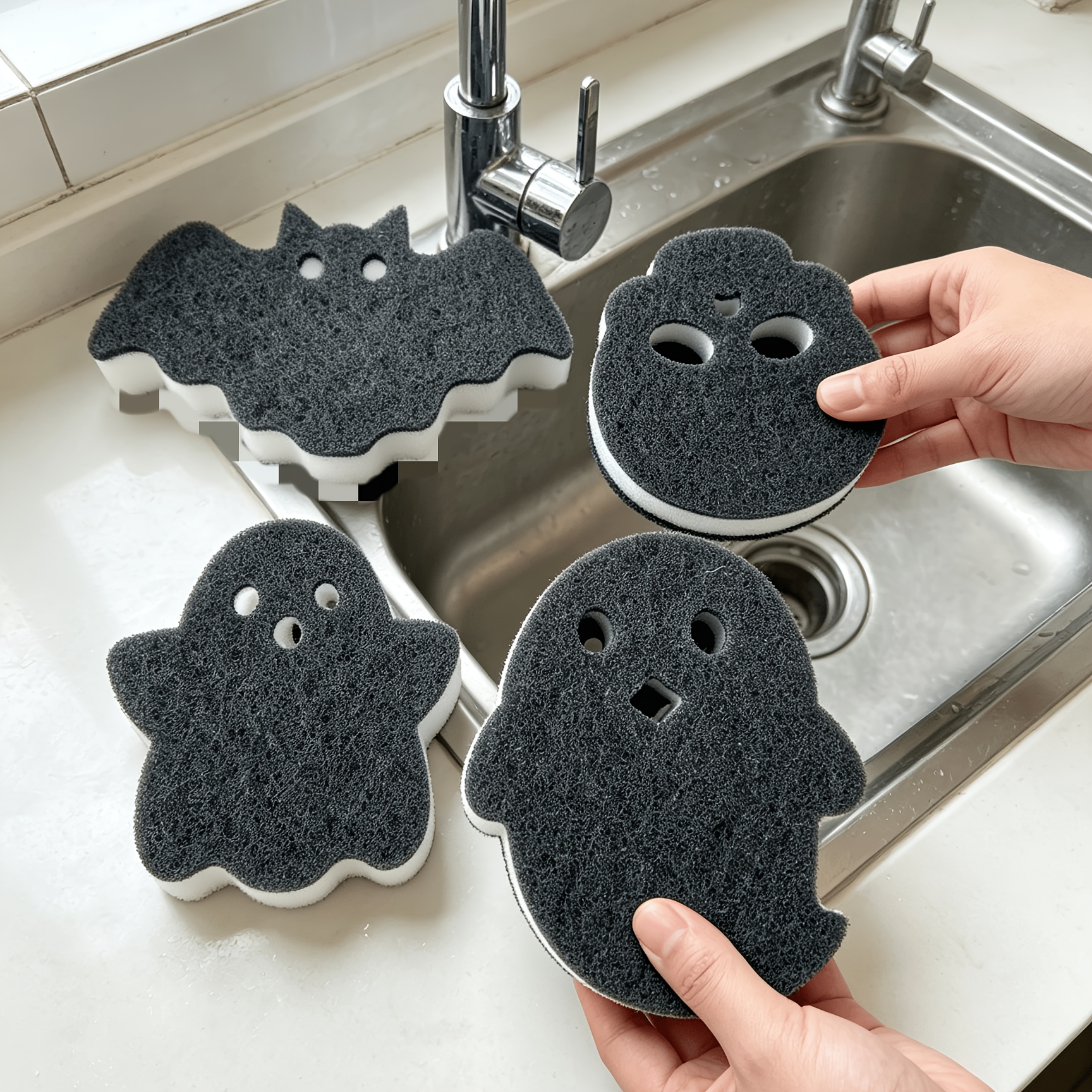 TEMU 4pcs Halloween Cleaning Sponges, Black Scouring Sponges In 4 Shapes, For Kitchen Pot And Dish Scrubbing, Bathroom Scale Scrubbing, Wall Dust