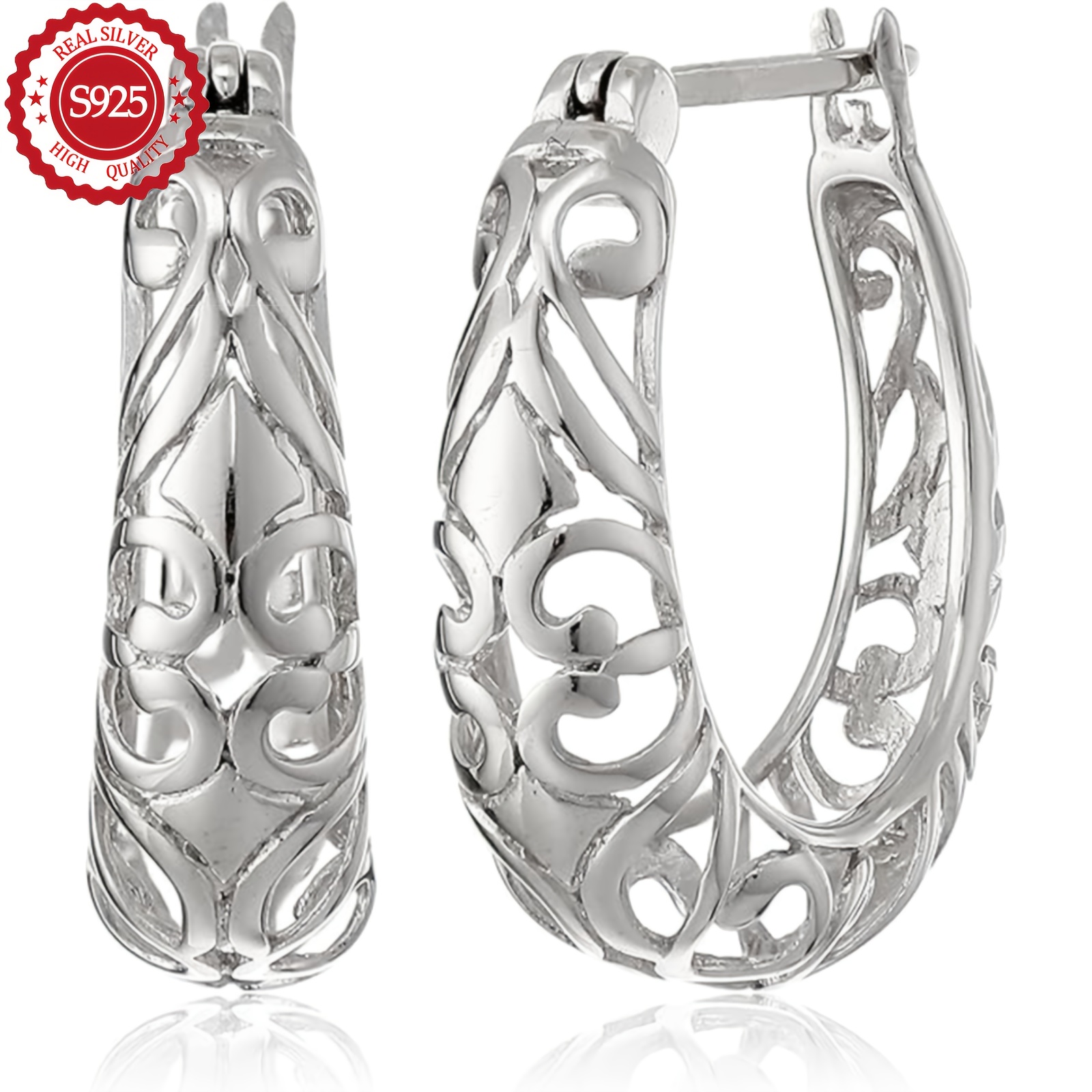 

925 Sterling Silver Hoop Earrings (including 3g), Hollow And Retro, With Exquisite Gift Box