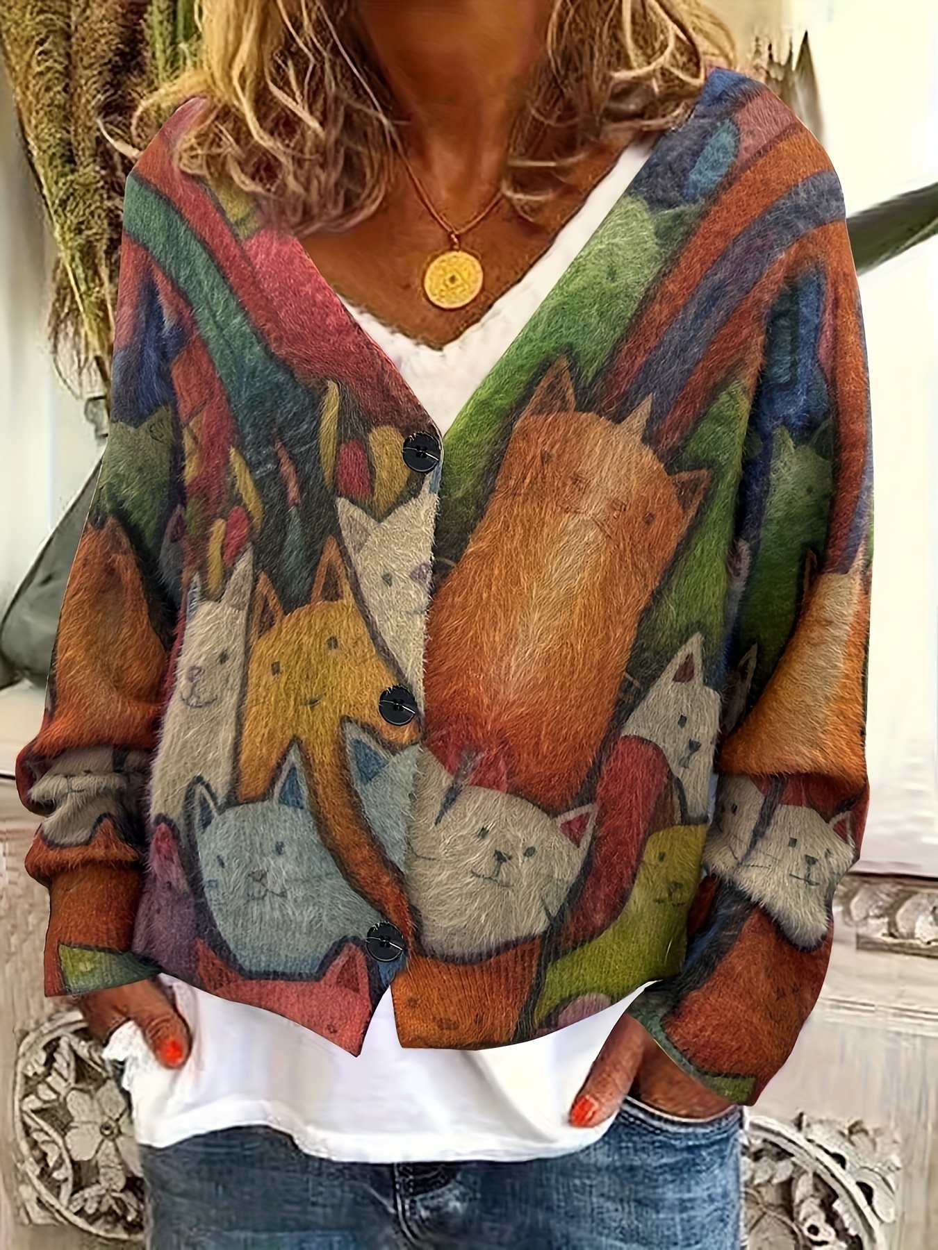 Plus Size Women's Casual Elegant Cat Print V-Neck Button-Front Cardigan  Stretchy Short Sleeve Open Front Sweater for Fall Winter, Cozy Clothing Ou