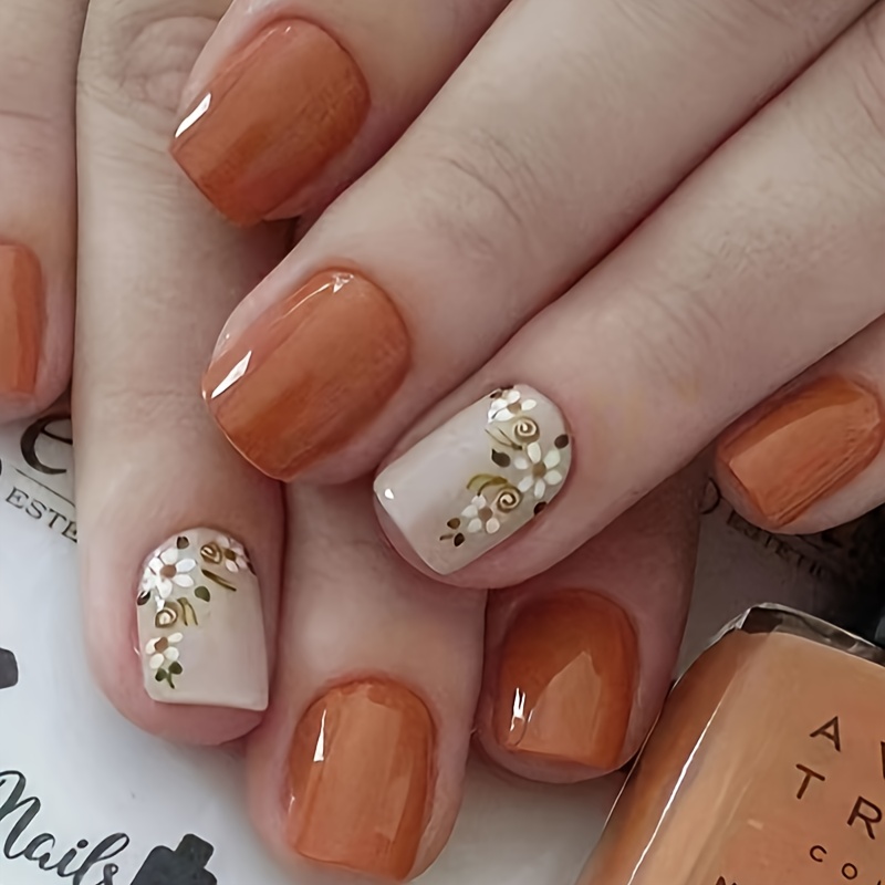 Upgrade Your Look With 24 Short Square-shaped Press-on Nails, Aesthetic, Beautiful Floral , Orange False Nails, Extendable And Detachable Nails, With Jelly Glue, 1 Nail File, 1