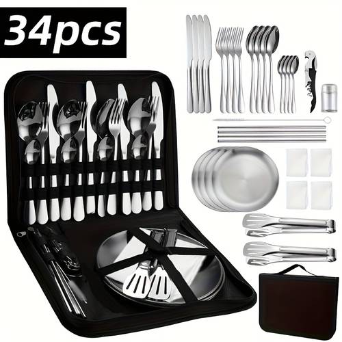 19 34pcs set stainless steel portable cutlery set durable outdoor picnic utensils including plates dinner knives steak knives forks soup spoons bottle openers coffee spoons straws straw brushes clips and storage bags