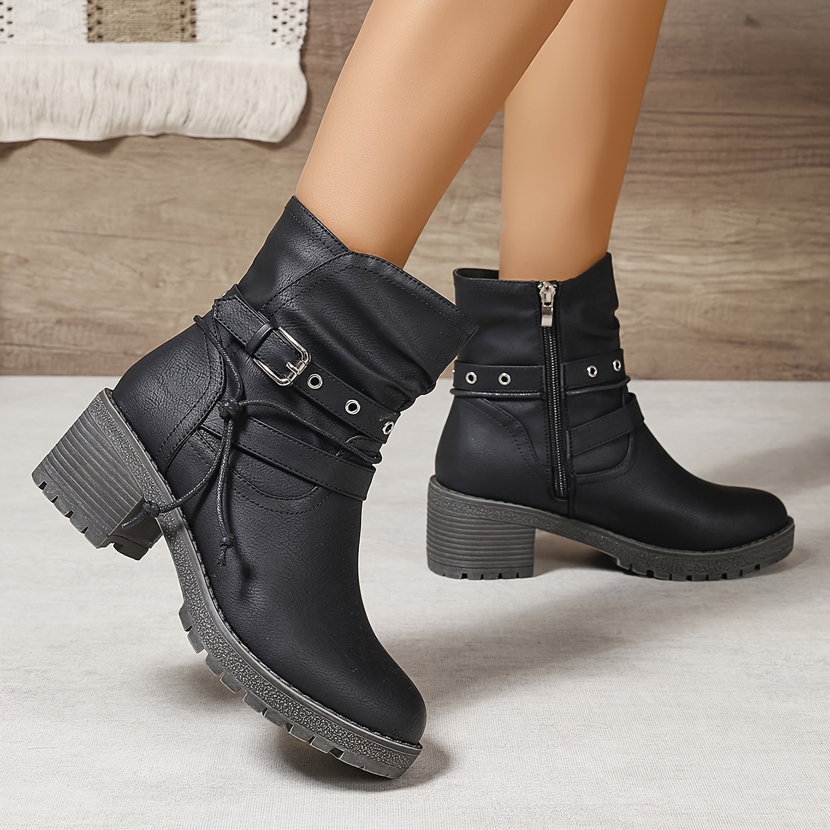 Image of Pleated Striped Side Zip Chelsea Chunky Round Toe Versatile Women's Boots, Women Shoes Elegant Women Shoes Shoes
