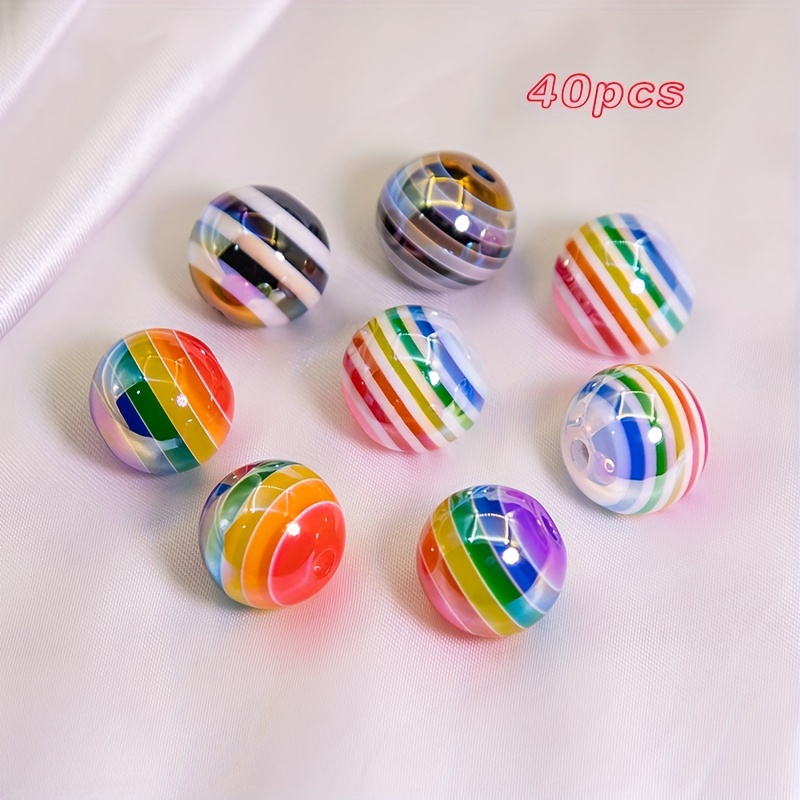 TEMU 40pcs 16mm Acrylic Plated Color Light Thick Black And Rainbow Printed Beads Beads Loose Beads, Diy Bracelet, Key Chain, Bead Pen Decorative Bead Jewelry Production Materials