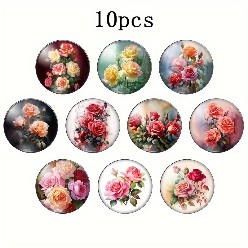 

10pcs Glass Cabochons With Floral Rose Designs For Jewelry Making, Flat Back Round Mosaic Glass Inserts For Pendants And Crafts, 20mm