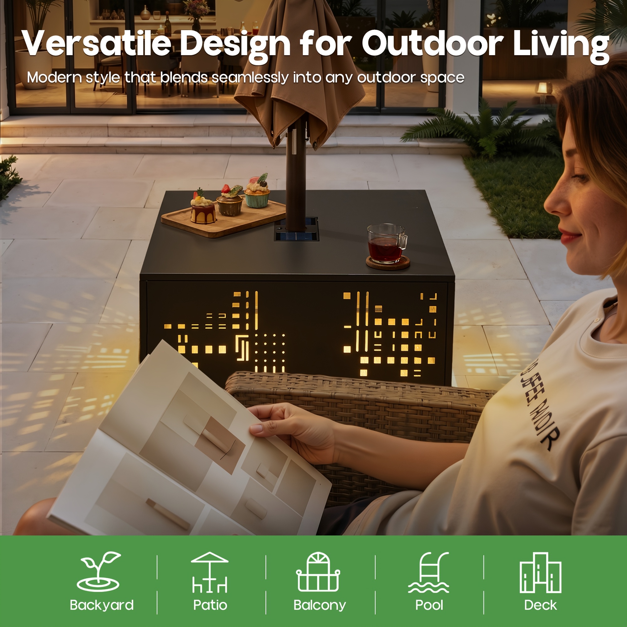 Only One Outdoor Metal Coffee Table with Lights And An Umbrella Pole Hole, Black Or Gray Two Table Color Options, A Coffee Table Suitable for Pairing with Outdoor Patio Furniture, Easy to Assemble
