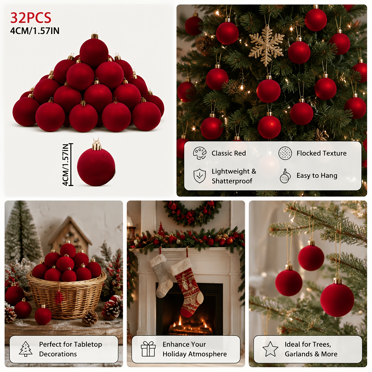 TEMU 32pcs Burgundy Velvet Suitable For Christmas Balls - Handcrafted Plastic Tree Ornaments With Hanging Capsules, Durable Wedding & Holiday