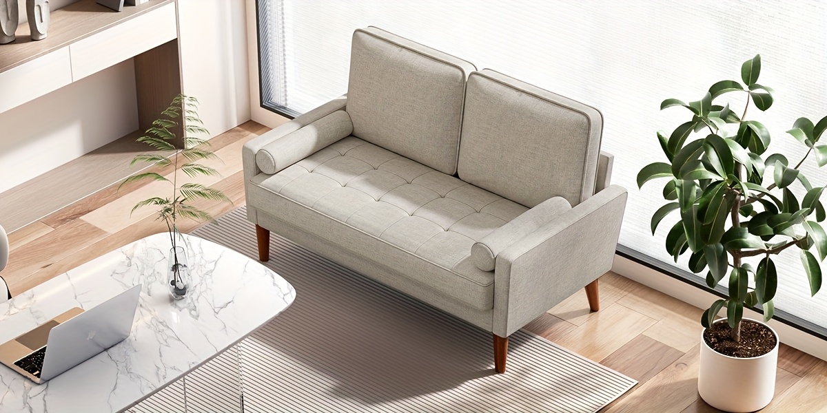 linen sofa with   small 2 seater for living room bedroom office comfy couch with armrests   seat in ashbeige details 2
