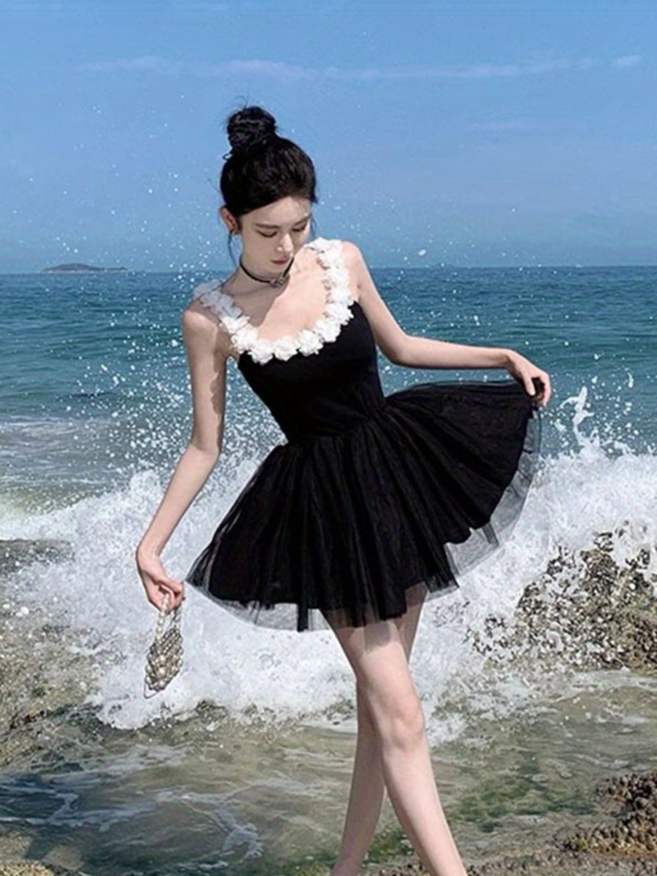 women's black tutu dress with white ruffle shoulder straps, sleeveless mesh  overlay, backless ballet style for summer - beach , beach dress - women's  clothing - Temu