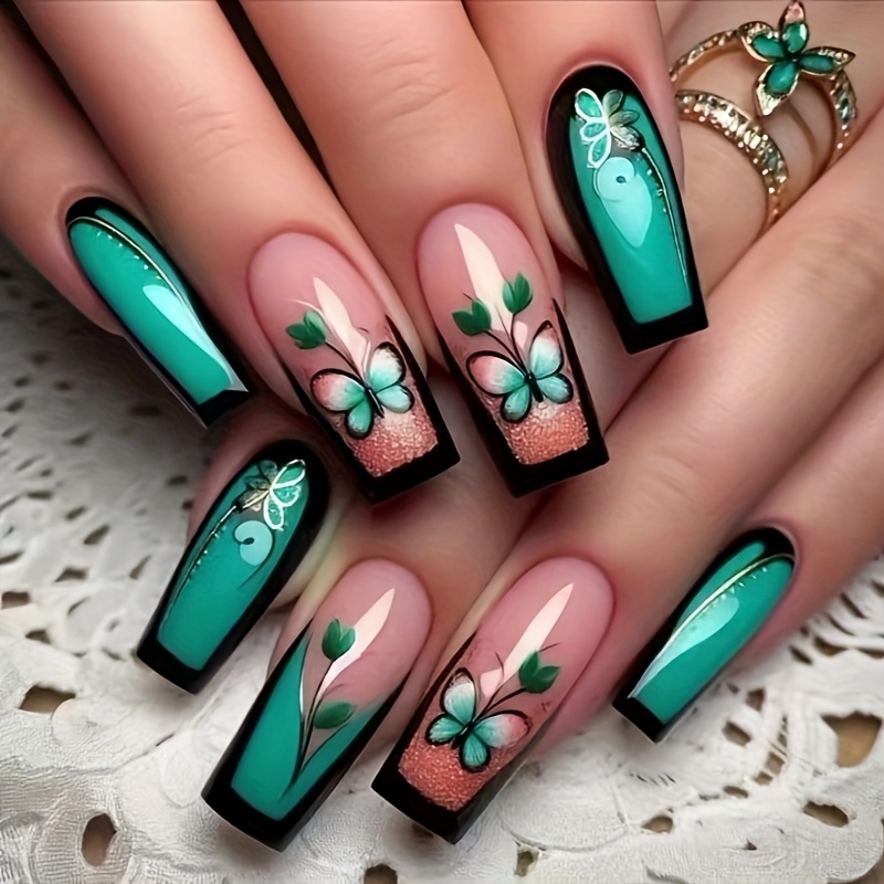 

24pcs Elegant Plant & Cute Clear Press-on Nails, Removable Long Square Shape Nail Set With Glossy , Animal & Flower Patterns, Black &