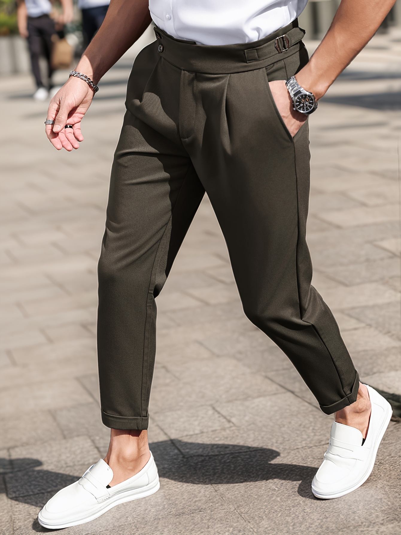 *'* Color Slanted Pocket Cropped Pants - Regular Fit * Tapered Design with  Adjustable Waist Loop Buckles * * Busines