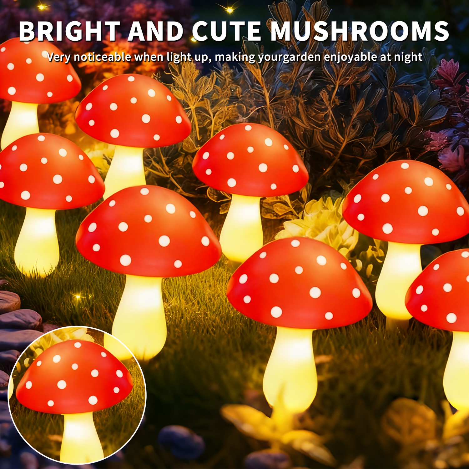 10 piezas de luces solares de champiñón, luces de césped para exteriores. Se apagan automáticamente durante el día y se encienden por la noche. Luces solares con clasificación IPX4 y 12 modos. Adecuadas para verano, camping, Navidad, caminos, decoración de fiestas e iluminación de senderos.