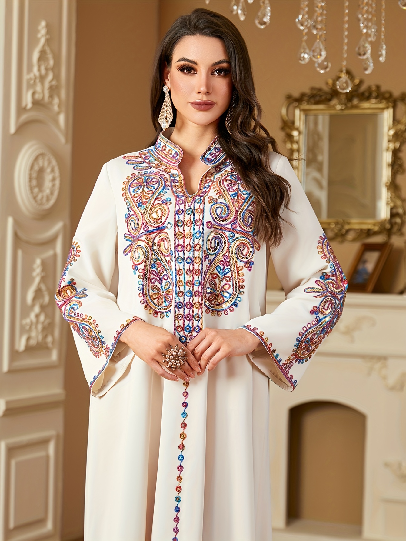 elegant middle eastern arabic line maxi dress v neck long - Temu