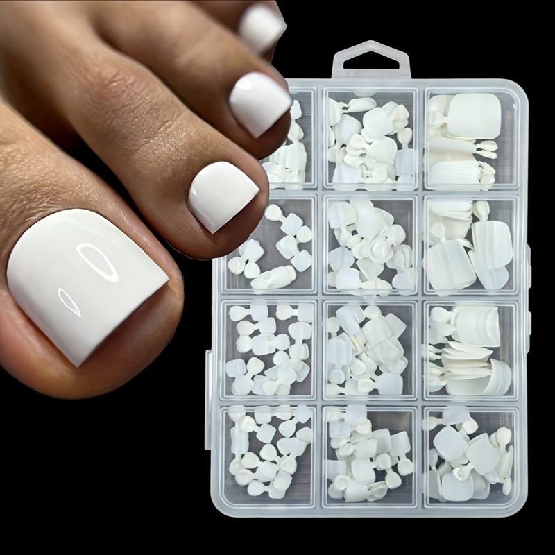TEMU 240pcs White Compressed Toe Nail Tips - Full Coverage, Square Shape, Short Length, Solid Color, Glossy Surface - Durable Fake Nails For Nail Art