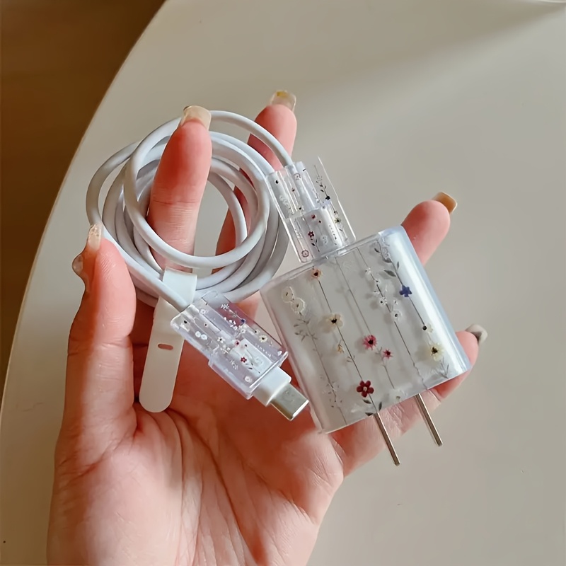 5pcs Set: 1 Transparent Phone Case with Colorful Flower Design + 1 Charger Protector + 2 Cable Protectors + 1 White Soft Silicone Cable Ties Suitable for iPhone 16/16 Pro/16 Pro Max/16 Plus/11/11 Pro/11 Pro Max/12/12 Pro/12 Pro Max/12 Mini/13/13 Pro/13 Pro Max/13 Mini/14/14 Pro/14 Plus/14 Pro Max/15/15 Pro/15 Pro Max Protective