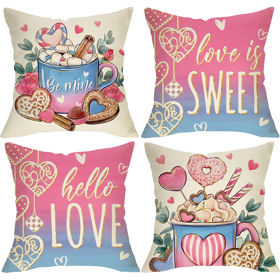 

4pcs Throw Pillow Covers, Machine Washable Zippered Cushion Cases With Designs For Home Decor, Valentine's Day, Anniversary, Wedding - Fits Room Types