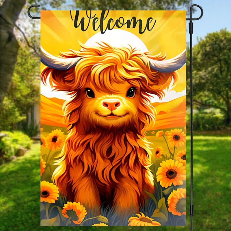 

1pc, Welcome Highland Cattle Cow With Sunflower Garden Flag, Farmhouse Decorations, Farm Banner, Farm Sign, Double Sided Waterproof Burlap Lawn Flag 12*18inch