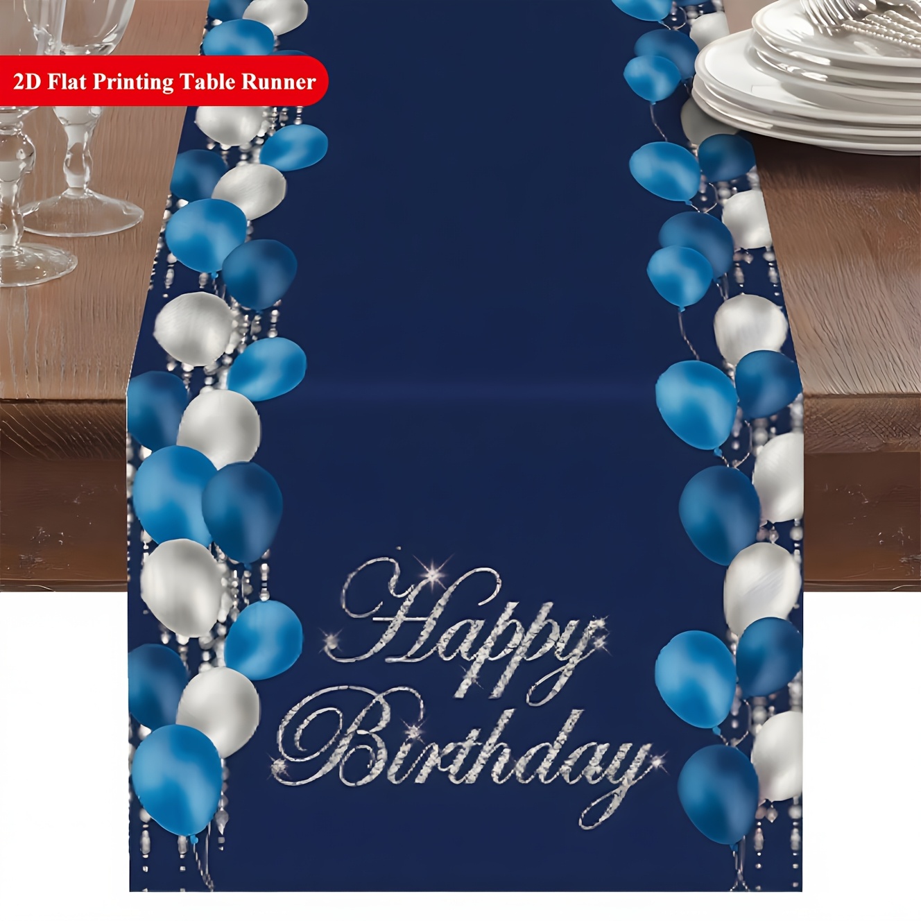 Image of 1pc, Polyester Blue Silvery Balloon-themed Happy Birthday Table Runner, Suitable For Elegant Birthday Parties Gatherings Decor, 13x48/13x72 Inches
