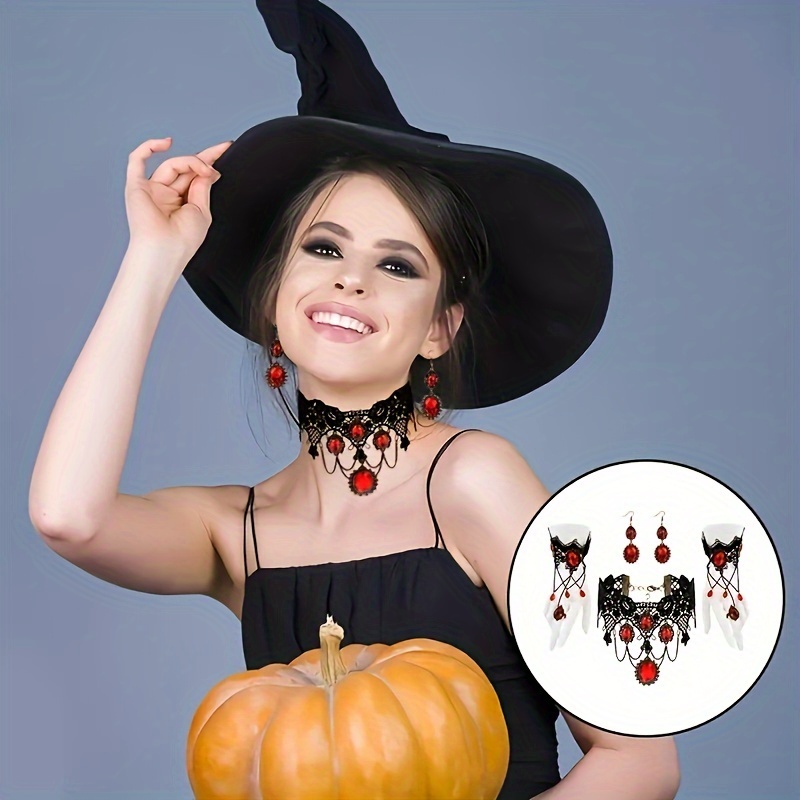 

Gothic Punk Jewelry Set - Vampire Necklace, Bracelet, Earrings Set With Red Artificial Crystal - Alloy , Suitable For Party, Festival And Women's Cosplay Accessories