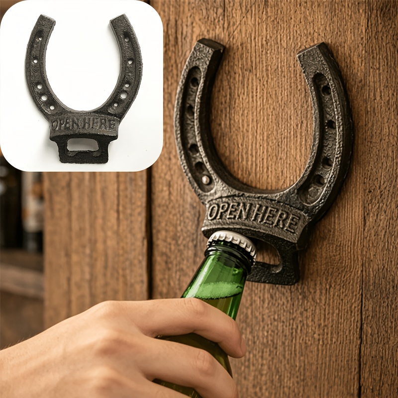 Image of Horseshoe-shaped Iron Bottle Opener, Retro Cast Iron Wall-mounted Bottle Opener. 9.7*12.3cm, European And Creative. Wall-mounted Bottle Opener, Suitable For Home Bar Decoration