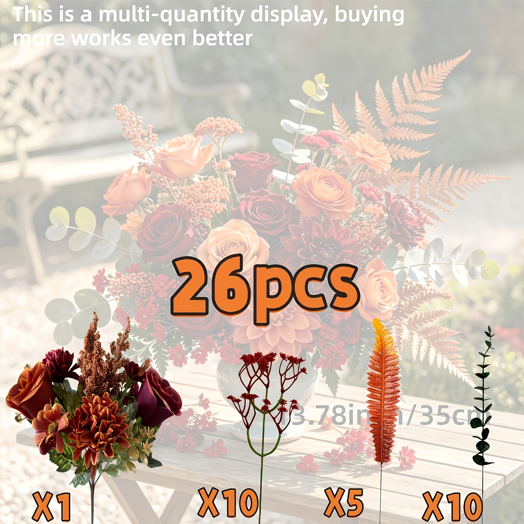 TEMU 26pcs Luxury Assorted Pack - Autumn Faux Flowers, Rose And Double-petaled Flowers With Green Eucalyptus, Red 's Breath Branches And