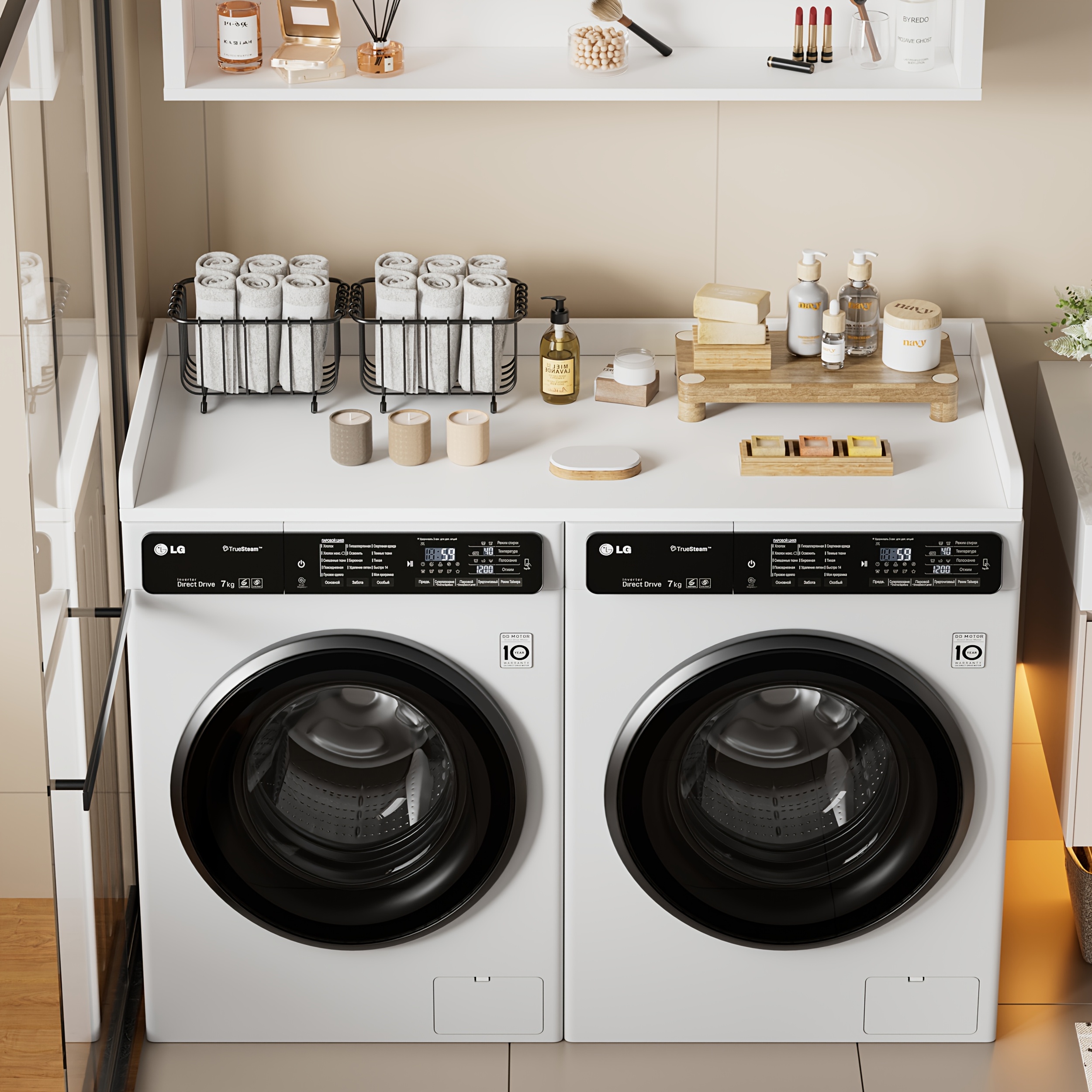 Image of White Wood Washing Machine & Dryer Worktop With Cover - Heavy-duty Washer Dryer Countertop, Easy Assembly, Raised Edges, 122x60x7cm, Fits Front-load Washers/dryers, Utility Racks