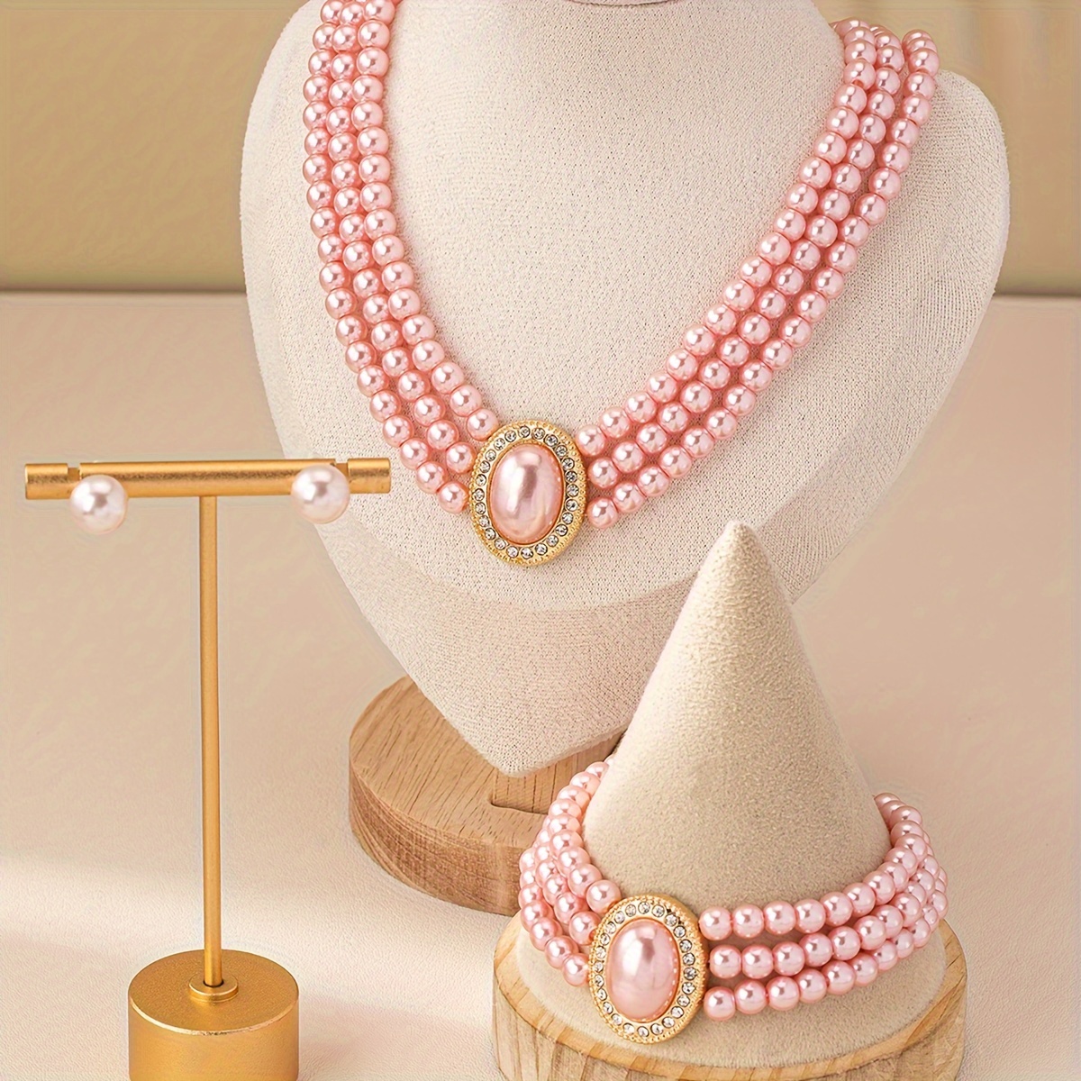 

Elegant Classic Women's Jewelry Set, Fashionable Light Pink Faux Pearl Beaded Multi-layer Necklace, Bracelet, Earrings Set, Alloy, Perfect For Daily Wear And Gift Giving, All-season Accessory