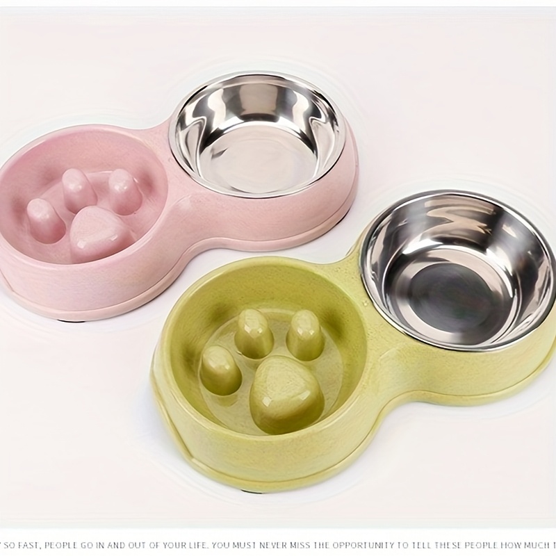 2 in 1 stainless steel slow feeder water bowl for dogs anti choke non slip pet dish with paw print design pink green plastic base for food   bowl slow feeder pet feeding station durable pet material Product details 4