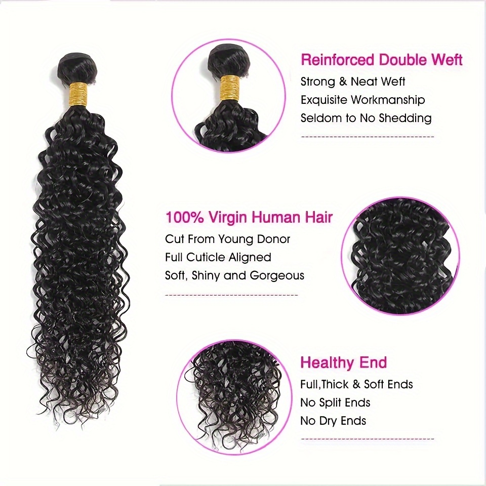  3pcs Water Wave Human Hair Extensions for Women - Natural Black, Soft & Full, Smooth Straight Texture details 0