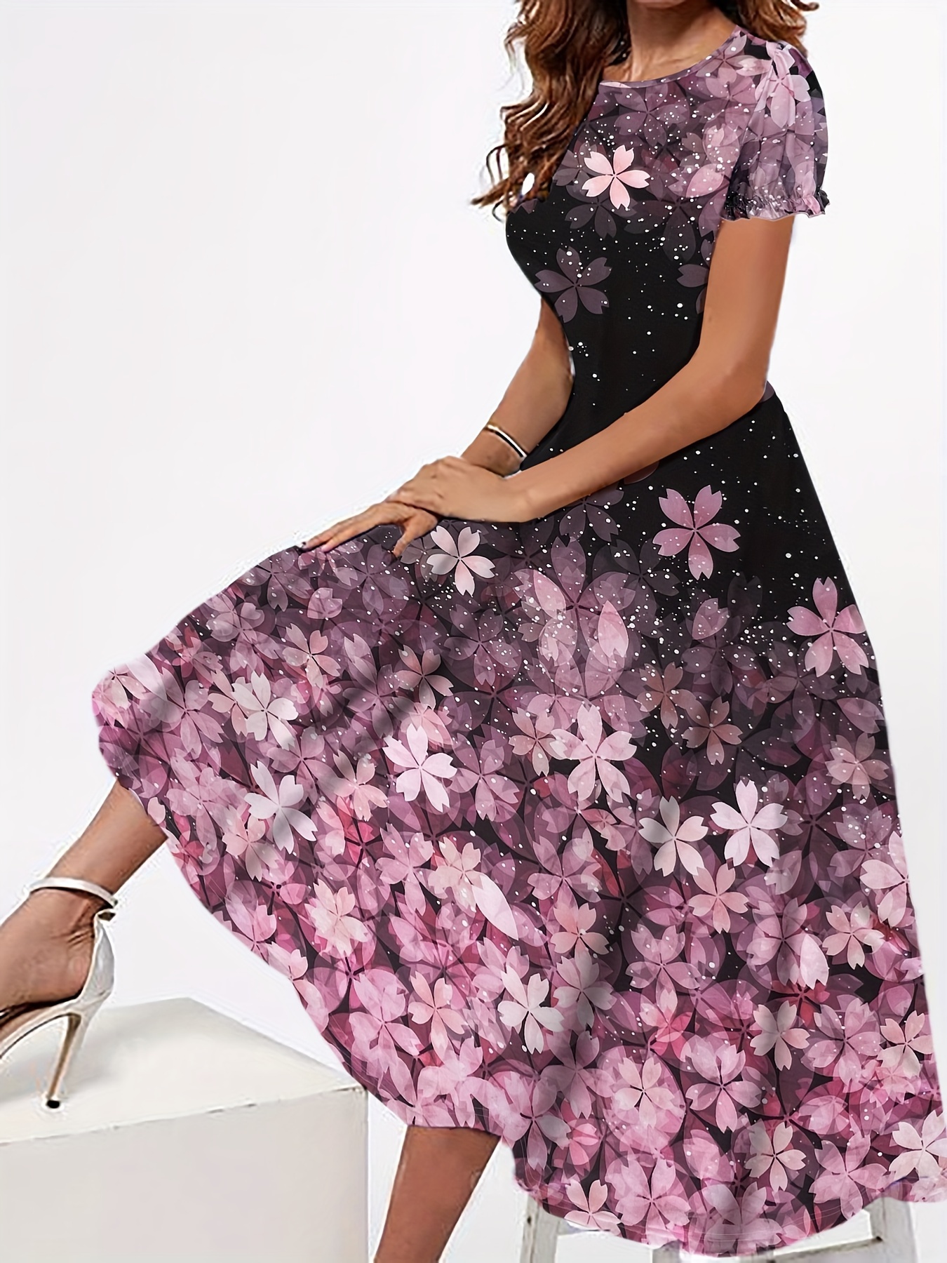 floral print crew neck dress elegant short sleeve maxi dress for spring summer womens clothing for elegant dressing details 1