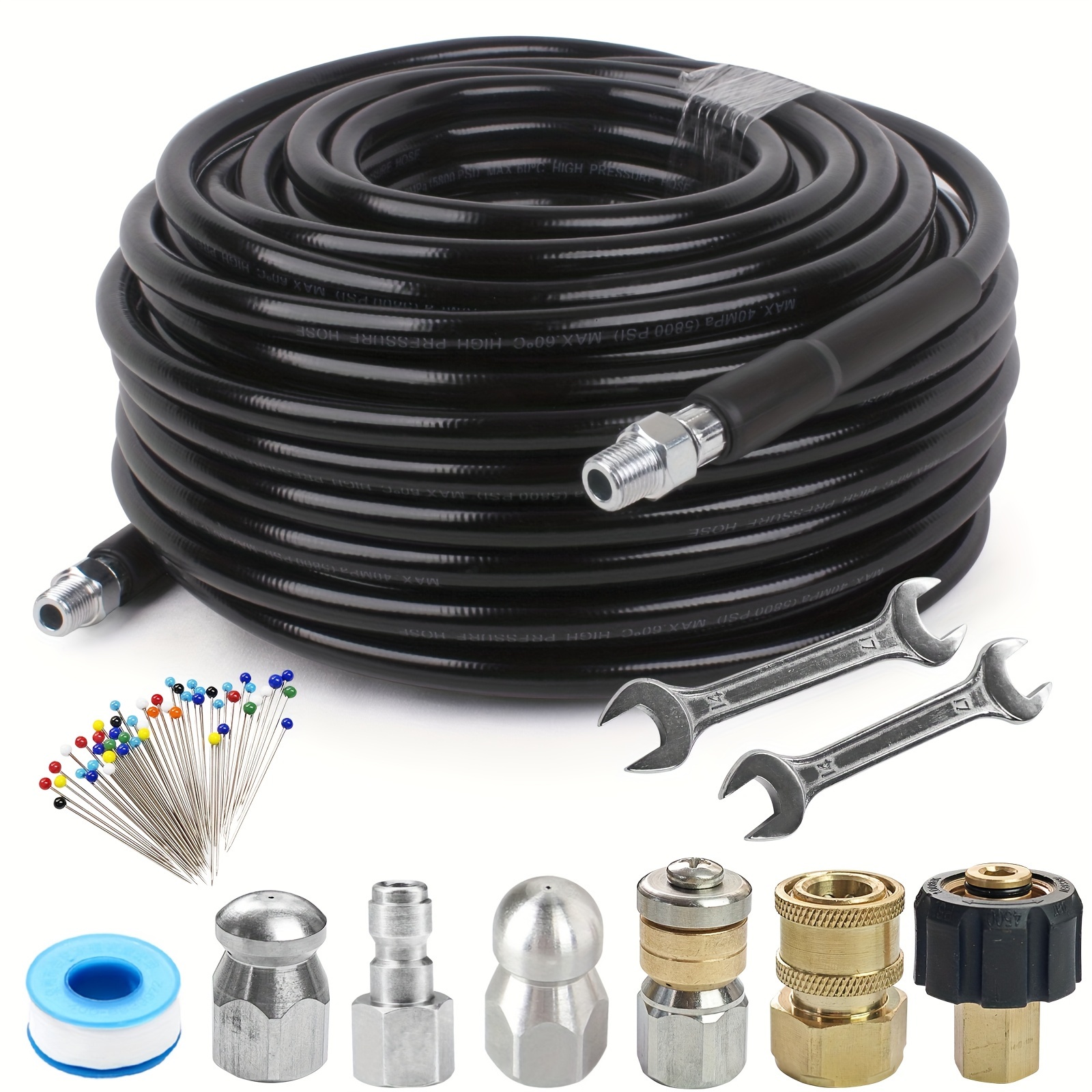 

Sewer Jetter Kit For Pressure Washer 100ft, Newest 5800psi Hose 1/4 Inch Npt Corner, Rotating And Button Hose Sewer Jetting Nozzle Pearl Corsage Pin Waterproof Tape With 2 Spanner