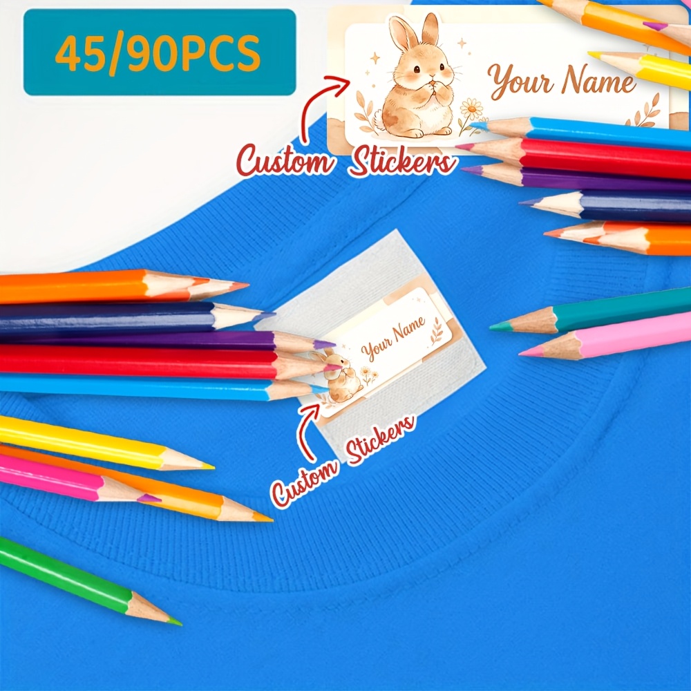 45/90pcs Watercolor Rabbit Custom Name Stickers for Back-to-School