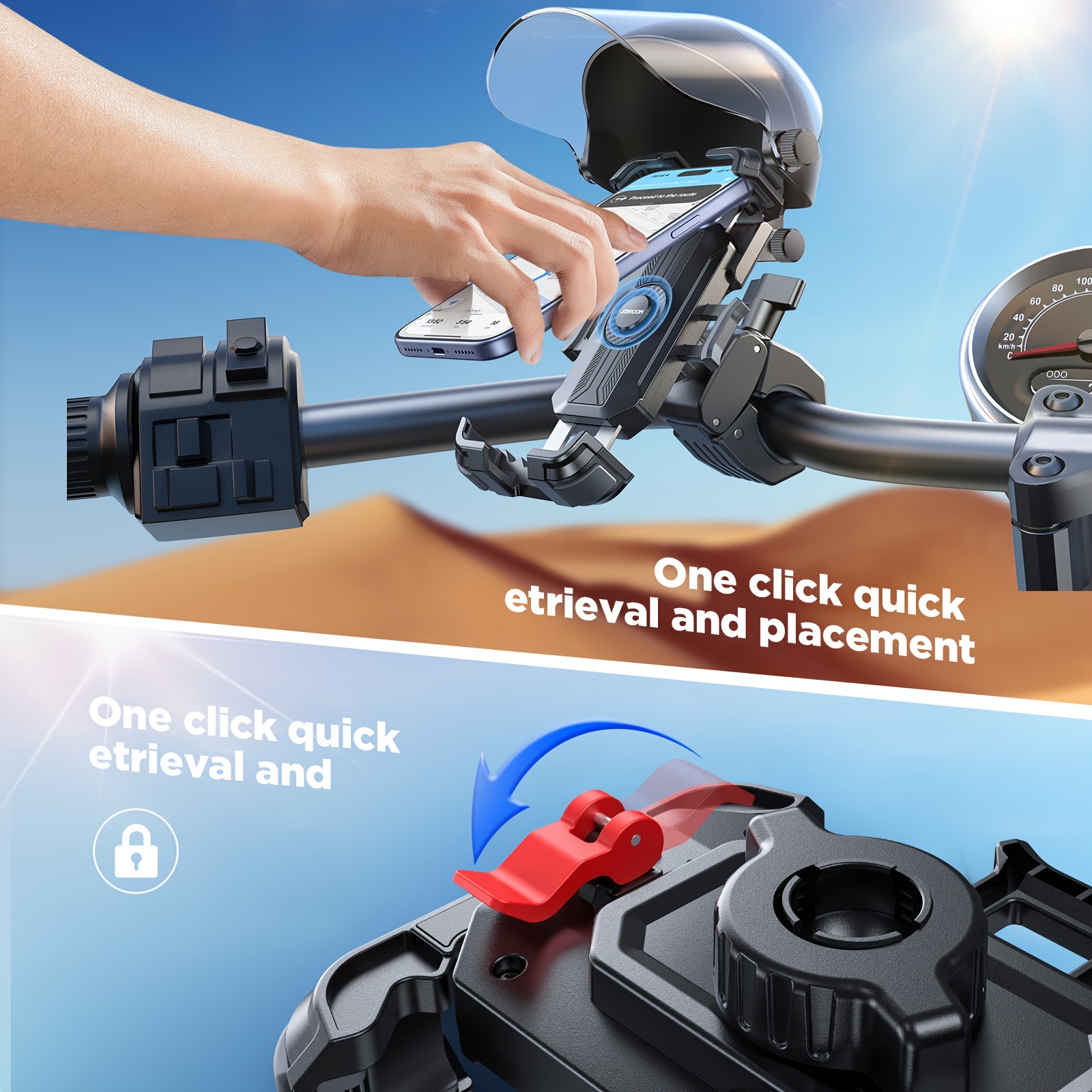 Motorcycle Phone Mount Holder, [All-Weather Sunshade And Overheat Protection] Phone Holder for Motorcycle ATV Scooter, [120Mph Secure Lock] Handlebar Phone Mount for Iphone 17, All 11.94-17.78cm Phones, Without Battery
