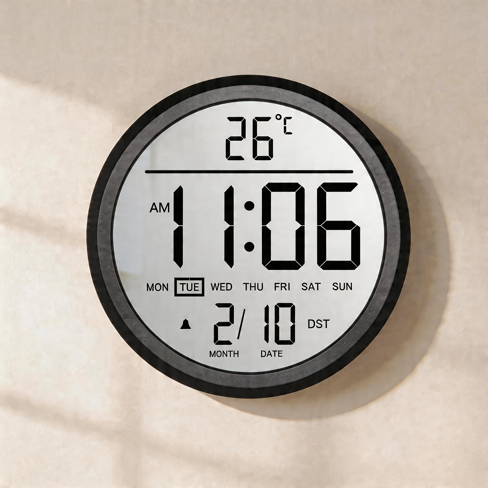 Image of Senior-friendly 8-inch Round Lcd Wall Clock, Large Lcd Display, Battery Operated, Auto Dst, Indoor Temperature, Single Alarm, 12/24h Switchable, Perfect For Seniors, Families And Bedroom