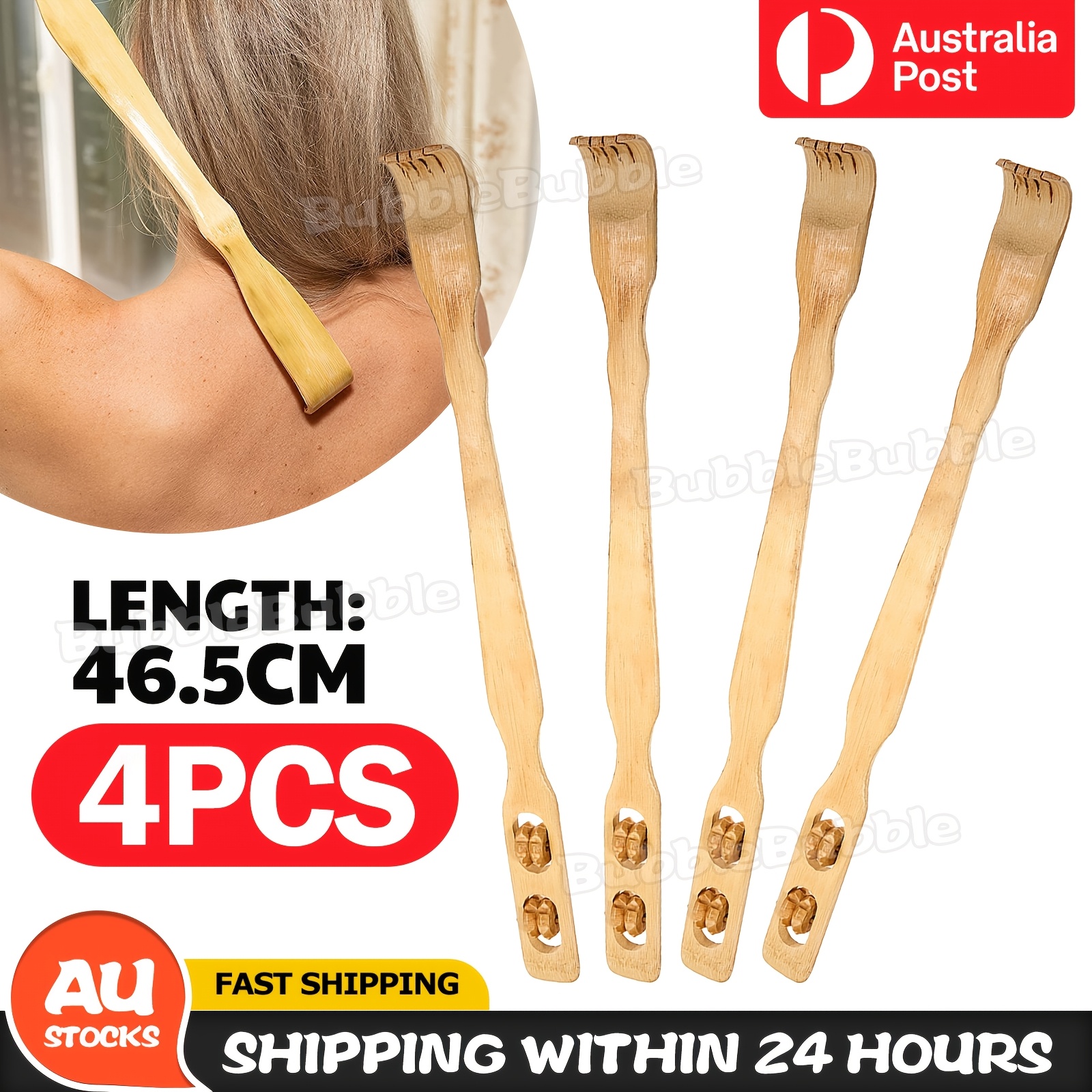 TEMU 4pcs Long-handled Wood Back Massager Tool | Self-massage Comb For Adults, Ideal For Heavy Backs And Hard-to-reach Areas, Bubbleglobal