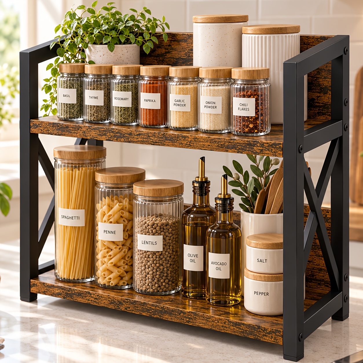 TEMU 2-tier Wood Countertop Shelf Organizer With Spice Rack & Coffee Station - Space-saving Suitable For Mugs, Cups, Spices, Creamer, Syrup Holder -