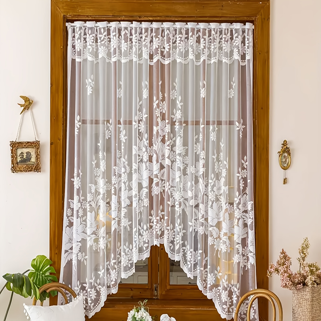 E-shop 1 Stück Elegante Florale Schleiervorhang - Lichtfilterung, Stangen--Design, Zeitgenössischer Stil für Wohnzimmer- und Schlafzimmerdekoration,