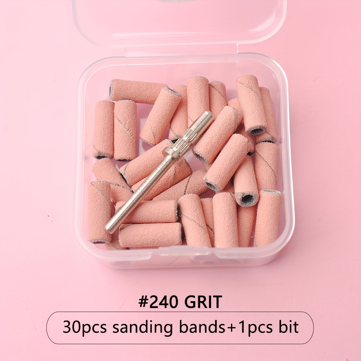 A Box Containing 30 Pink Mini Sanding For Nail Drills, Including Bit, Suitable For Acrylic Nail Gel And Pedicures In #120, #180, And #240.