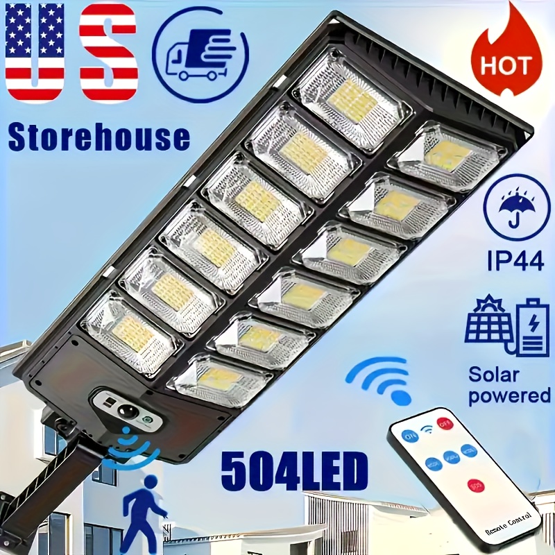 TEMU 2/1pc 504 Led Solar Floodlight Outdoor, 6500k 3000 Solar Motion Sensor Safety Light Strip With Remote Control, 3 (10%/30%/100%) & For Courtyard, Garden, Driveway, Durable Plastic Housing