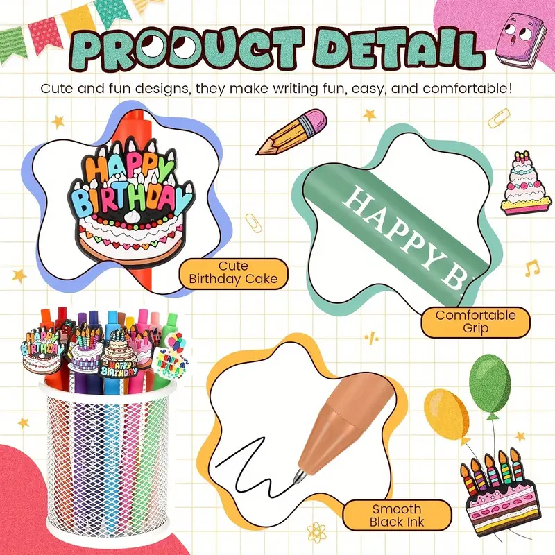 12pcs cute animal happy birthday pens cartoon pens funny pen writing ballpoint pens retractable black ink pens birthday party gifts for students office supplies school stationery Product details 3