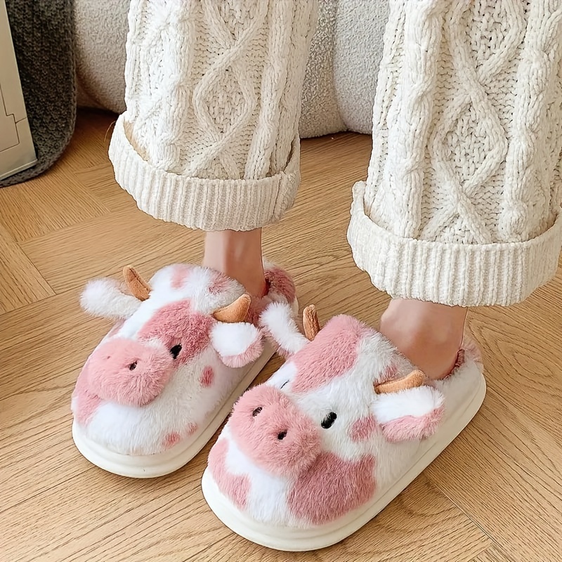 

Style Cow Plush Novelty Slippers For Women, Warm Comfortable Fluffy Shoes, Quiet Indoor Bedroom Slip-on Slippers With Fiber Upper/inner And Eva Sole - Cartoon Pattern, Suitable