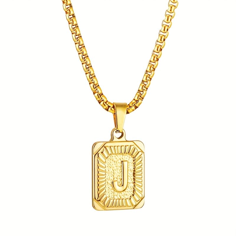 TEMU Colgante cuadrado con letra inglesa "A-Z" con acabado cepillado en cadena de eslabones cubanos. collar con colgante geométrico elegante es de